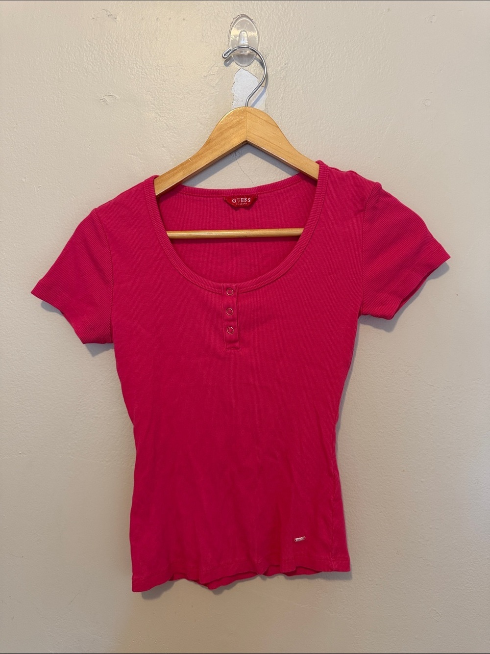 Guess Fuchsia Scoop Neck Short Sleeve Henley Top